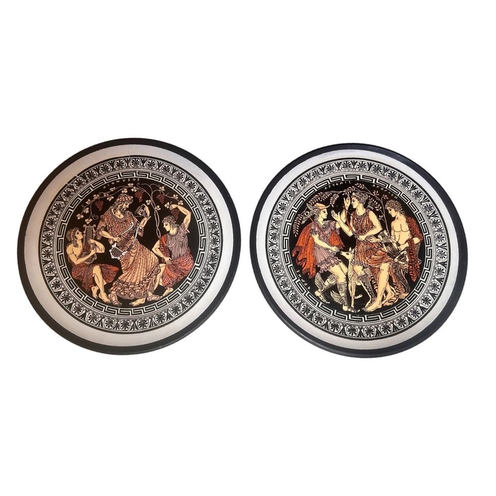 Vintage Greek Mythology Pottery Wall Plates Set Dionysos Hermes Artemis Apollo